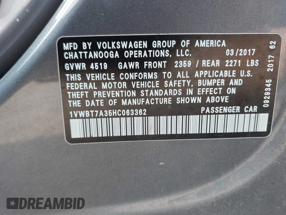 2017 Volkswagen Passat SE with VIN 1VWBT7A35HC063362, listed as a IAAI auction lot 42435453 with 76,341 mi miles and . Bid and sale history available at DreamBid. Image 9.