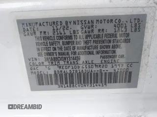 2022 Nissan Sentra SV z VIN 3N1AB8CV0NY314459, wystawiony jako IAAI lot #41268638 z przebiegiem Nie podano mil oraz . Historia ofert i sprzedaży dostępna na DreamBid. Obrazek 9.