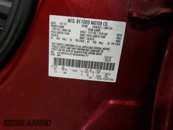 2014 Ford Edge SEL with VIN 2FMDK3JC5EBA99177, listed as a Copart auction lot 50951355 with 220,563 mi miles and Salvage Title. Bid and sale history available at carsss.com. Image 12.