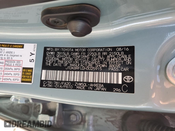 2017 Toyota Prius Two with VIN JTDKBRFU2H3025915, listed as a Copart auction lot 52765205 with 144,232 mi miles and Salvage Title. Bid and sale history available at carsss.com. Image 14.