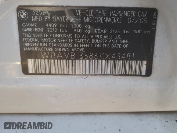 2006 BMW 3 Series 325i with VIN WBAVB13586KX43481, listed as a Copart auction lot 78620534 with 207,036 mi miles and Salvage title. Bid and sale history available at DreamBid. Image 12.