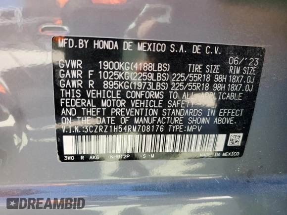 2024 Honda HR-V Sport with VIN 3CZRZ1H54RM708176, listed as a Copart auction lot 48633065 with 36,006 mi miles and Salvage Title. Bid and sale history available at carsss.com. Image 14.