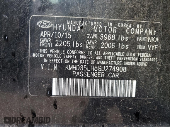 2016 Hyundai Elantra with VIN KMHD35LH8GU274908, listed as a Copart auction lot 69062534 with 125,751 mi miles and Salvage Title. Bid and sale history available at DreamBid. Image 12.