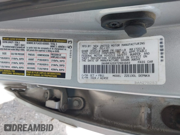2007 Toyota Corolla CE with VIN 1NXBR32E87Z881683, listed as a IAAI auction lot 42157882 with 184,450 mi miles and . Bid and sale history available at DreamBid. Image 9.