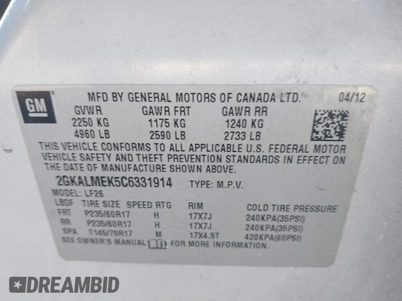 2012 GMC Terrain SLE-1 with VIN 2GKALMEK5C6331914, listed as a IAAI auction lot 41826053 with 147,911 mi miles and . Bid and sale history available at carsss.com. Image 9.