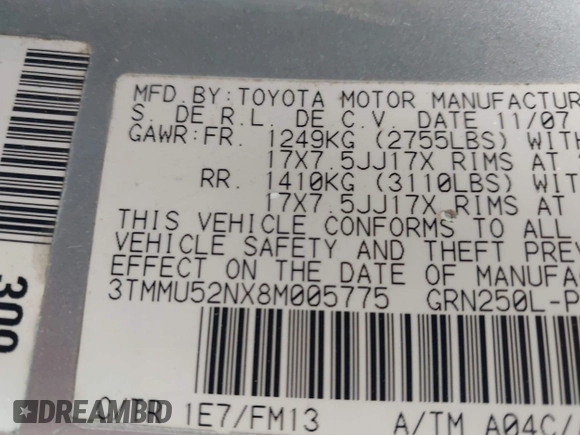 2008 Toyota Tacoma with VIN 3TMMU52NX8M005775, listed as a IAAI auction lot 41826447 with 117,775 mi miles and . Bid and sale history available at DreamBid. Image 9.
