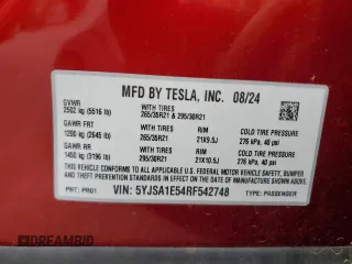 2024 Tesla Model S with VIN 5YJSA1E54RF542748, listed as a Copart auction lot 55210615 with Not provided miles and Salvage title. Bid and sale history available at DreamBid. Image 12.