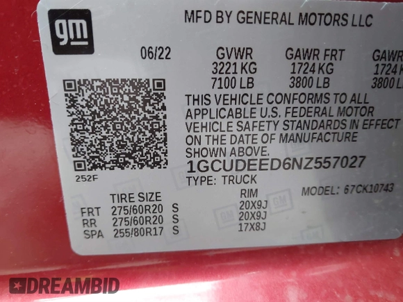 2022 Chevrolet Silverado 1500 RST with VIN 1GCUDEED6NZ557027, listed as a IAAI auction lot 41602219 with 9,816 mi miles and . Bid and sale history available at DreamBid. Image 9.