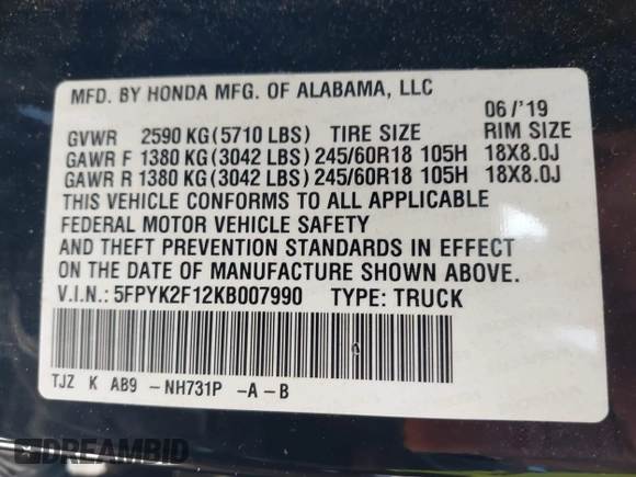 2019 Honda Ridgeline Sport with VIN 5FPYK2F12KB007990, listed as a IAAI auction lot 41828709 with 67,736 mi miles and . Bid and sale history available at DreamBid. Image 9.