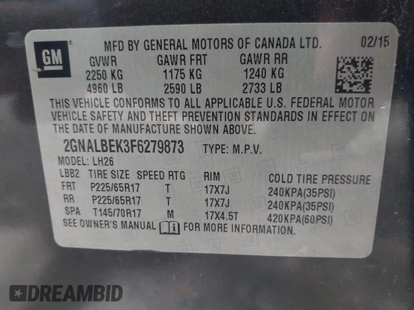 2015 Chevrolet Equinox LT with VIN 2GNALBEK3F6279873, listed as a IAAI auction lot 42097963 with 124,217 mi miles. Bid and sale history available at carsss.com. Image 9.