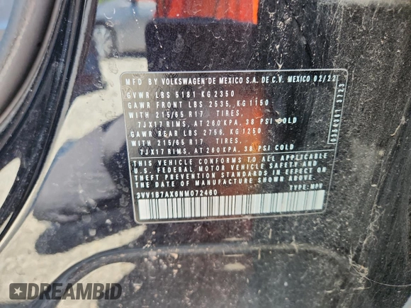 2022 Volkswagen Tiguan S с VIN 3VV1B7AX6NM072460, выставлен на аукционе Copart как лот 59528715 с пробегом 55 380 миль миль и Списание • Salvage title. История ставок и продаж доступна на DreamBid. Изображение 13.