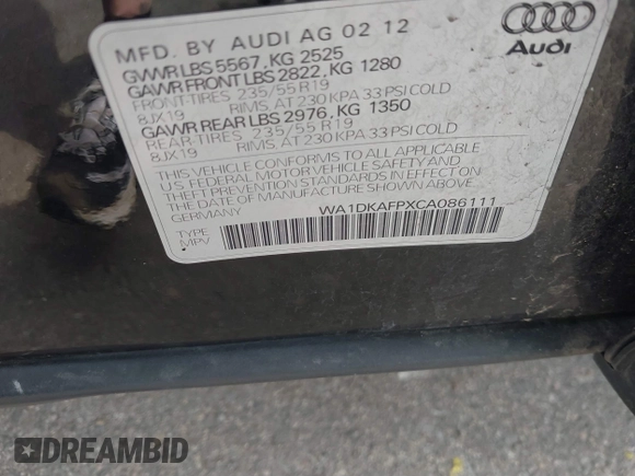 2012 Audi Q5 3.2L Premium Plus with VIN WA1DKAFPXCA086111, listed as a IAAI auction lot 41795670 with 123,436 mi miles. Bid and sale history available at carsss.com. Image 9.