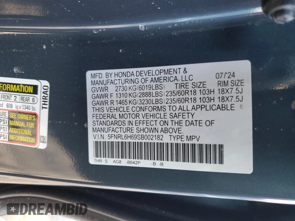 2025 Honda Odyssey EX-L with VIN 5FNRL6H69SB002182, listed as a Copart auction lot 44085465 with Not Provided miles and Salvage Title. Bid and sale history available at carsss.com. Image 13.