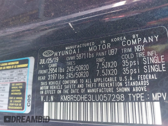 2020 Hyundai Palisade Limited with VIN KM8R5DHE3LU057298, listed as a IAAI auction lot 42124983 with 102,643 mi miles and . Bid and sale history available at DreamBid. Image 9.