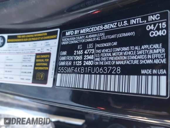 2015 Mercedes-Benz C-Class C 300 Luxury with VIN 55SWF4KB1FU063728, listed as a IAAI auction lot 41280726 with 27,010 mi miles. Bid and sale history available at carsss.com. Image 9.