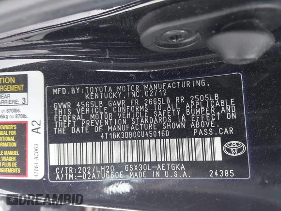 2012 Toyota Avalon with VIN 4T1BK3DB0CU450160, listed as a IAAI auction lot 41597172 with 197,284 mi miles. Bid and sale history available at carsss.com. Image 9.