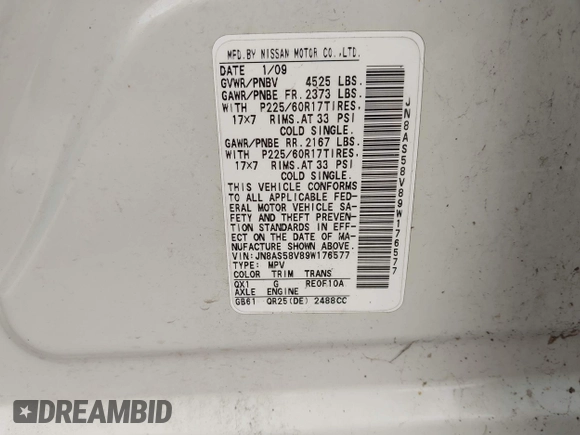 2009 Nissan Rogue S with VIN JN8AS58V89W176577, listed as a IAAI auction lot 42078465 with 174,801 mi miles and . Bid and sale history available at DreamBid. Image 9.