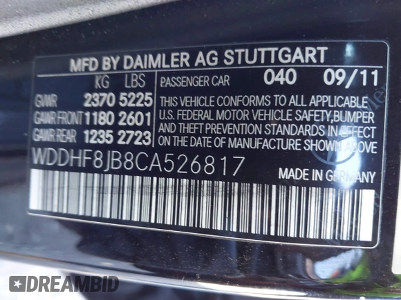 2012 Mercedes-Benz E 350 Luxury with VIN WDDHF8JB8CA526817, listed as a IAAI auction lot 41740110 with Not provided miles and . Bid and sale history available at DreamBid. Image 9.