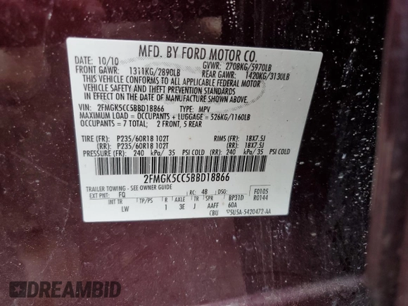 2011 Ford Flex SEL z VIN 2FMGK5CC5BBD18866, wystawiony jako Copart lot #54371635 z przebiegiem 196 085 mil mil oraz Szkoda całkowita • Salvage title. Historia ofert i sprzedaży dostępna na DreamBid. Obrazek 13.