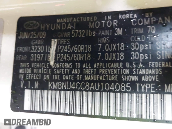 2010 Hyundai Veracruz Limited z VIN KM8NU4CC8AU104085, wystawiony jako IAAI lot #42252720 z przebiegiem 163 312 mil mil oraz . Historia ofert i sprzedaży dostępna na DreamBid. Obrazek 9.