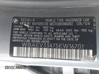 2005 BMW 3 Series 325i z VIN WBAEV33475KW16701, wystawiony jako IAAI lot #42304390 z przebiegiem 176 620 mil mil oraz . Historia ofert i sprzedaży dostępna na DreamBid. Obrazek 9.