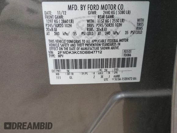 2013 Ford Edge Limited with VIN 2FMDK3KC5DBB47712, listed as a Copart auction lot 54022025 with 114,643 mi miles and Salvage Title. Bid and sale history available at carsss.com. Image 13.