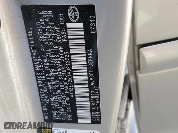 2004 Toyota Camry LE with VIN 4T1BE32K14U913225, listed as a Copart auction lot 53991665 with Not Provided miles and Salvage Title. Bid and sale history available at DreamBid. Image 12.