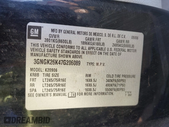 2007 Chevrolet Suburban LT with VIN 3GNGK26K47G206089, listed as a IAAI auction lot 41409657 with 156,789 mi miles and . Bid and sale history available at DreamBid. Image 9.