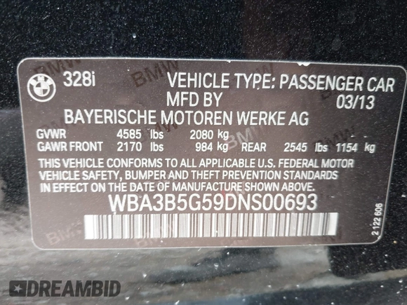2013 BMW 3 Series 328i xDrive with VIN WBA3B5G59DNS00693, listed as a IAAI auction lot 42540218 with 125,213 mi miles and . Bid and sale history available at DreamBid. Image 9.