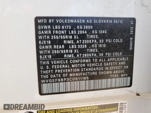 2012 Volkswagen Touareg Sport with VIN WVGEF9BP3CD011165, listed as a Copart auction lot 48913935 with 118,839 mi miles and Salvage Title. Bid and sale history available at DreamBid. Image 13.