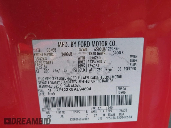 2008 Ford F-150 XL with VIN 1FTRF122X8KE94894, listed as a IAAI auction lot 42026485 with 245,951 mi miles. Bid and sale history available at carsss.com. Image 9.