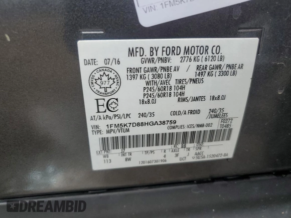 2017 Ford Explorer XLT с VIN 1FM5K7D88HGA38759, выставлен на аукционе Copart как лот 62563115 с пробегом 176 113 миль миль и Списание • Salvage title. История ставок и продаж доступна на DreamBid. Изображение 13.