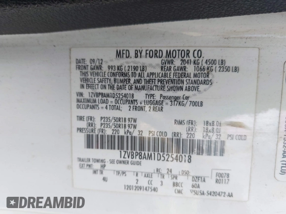 2013 Ford Mustang V6 with VIN 1ZVBP8AM1D5254018, listed as a IAAI auction lot 42738081 with 231,643 mi miles and . Bid and sale history available at DreamBid. Image 9.