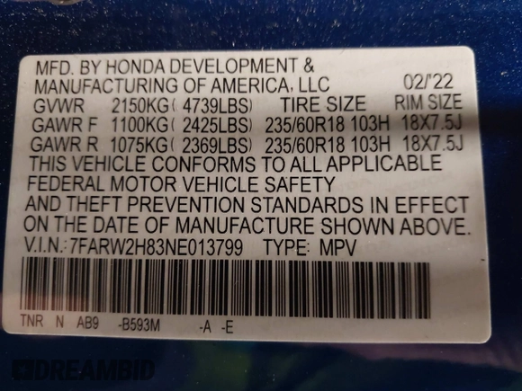 2022 Honda CR-V EX-L with VIN 7FARW2H83NE013799, listed as a IAAI auction lot 41738347 with 29,102 mi miles. Bid and sale history available at carsss.com. Image 9.