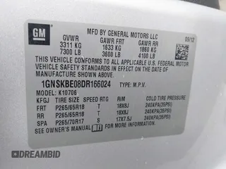 2013 Chevrolet Tahoe LT z VIN 1GNSKBE08DR166024, wystawiony jako IAAI lot #41768851 z przebiegiem 198 302 mil mil oraz . Historia ofert i sprzedaży dostępna na DreamBid. Obrazek 9.