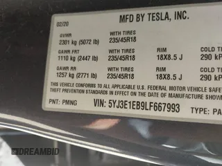 2020 Tesla Model 3 Long Range z VIN 5YJ3E1EB9LF667993, wystawiony jako IAAI lot #41990917 z przebiegiem 58 269 mil mil oraz . Historia ofert i sprzedaży dostępna na DreamBid. Obrazek 9.