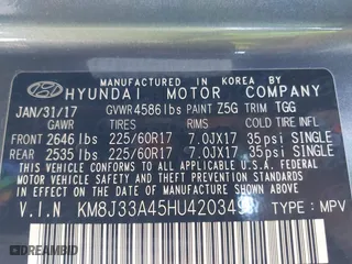 2017 Hyundai Tucson SE Plus with VIN KM8J33A45HU420349, listed as a IAAI auction lot 41296190 with 77,910 mi miles. Bid and sale history available at carsss.com. Image 9.