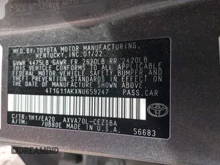 2022 Toyota Camry SE with VIN 4T1G11AKXNU659247, listed as a IAAI auction lot 41517969 with 58,180 mi miles. Bid and sale history available at carsss.com. Image 9.