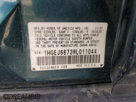 1998 Honda Civic LX with VIN 1HGEJ6673WL011044, listed as a Copart auction lot 69287544 with 172,822 mi miles and Salvage Title. Bid and sale history available at carsss.com. Image 14.