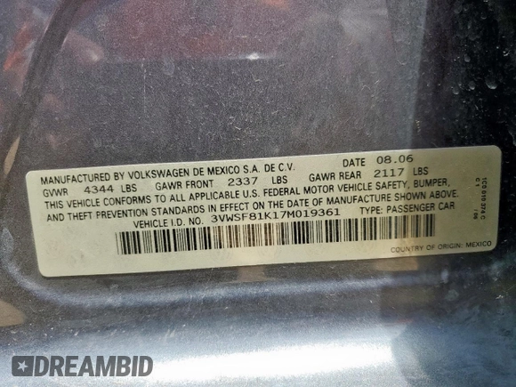 2007 Volkswagen Jetta 2.5 with VIN 3VWSF81K17M019361, listed as a Copart auction lot 61236895 with 138,976 mi miles and Salvage title. Bid and sale history available at DreamBid. Image 12.