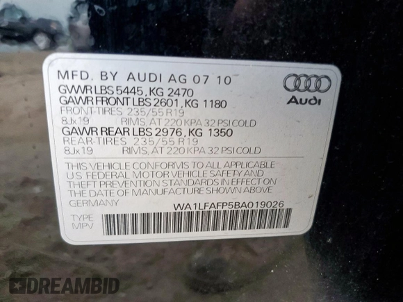 2011 Audi Q5 Premium Plus with VIN WA1LFAFP5BA019026, listed as a Copart auction lot 58257535 with 102,268 mi miles and Salvage title. Bid and sale history available at DreamBid. Image 14.