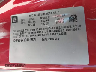 2013 Buick Verano Group with VIN 1G4PS5SK1D4113874, listed as a IAAI auction lot 42513854 with 240,500 mi miles and . Bid and sale history available at DreamBid. Image 9.