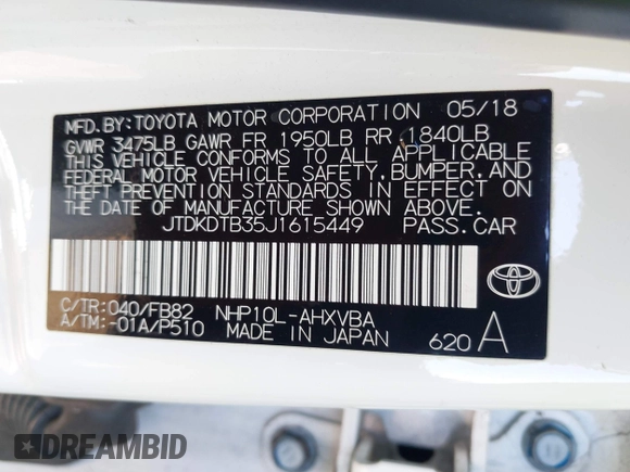 2018 Toyota Prius One with VIN JTDKDTB35J1615449, listed as a IAAI auction lot 42041928 with 59,870 mi miles and . Bid and sale history available at DreamBid. Image 9.