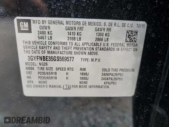 2016 Cadillac SRX Luxury Collection with VIN 3GYFNBE35GS569577, listed as a Copart auction lot 62568755 with 65,305 mi miles and Salvage title. Bid and sale history available at DreamBid. Image 14.