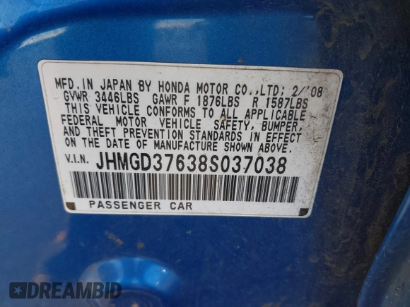 2008 Honda Fit Sport with VIN JHMGD37638S037038, listed as a IAAI auction lot 41019917 with 216,242 mi miles. Bid and sale history available at carsss.com. Image 9.