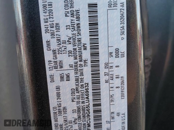 2020 Ford Escape SE z VIN 1FMCU9G65LUA69632, wystawiony jako Copart lot #58921965 z przebiegiem 8964 mil mil oraz Tytuł czysty. Historia ofert i sprzedaży dostępna na DreamBid. Obrazek 12.