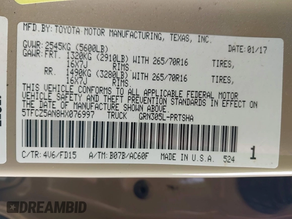 2017 Toyota Tacoma SR5 with VIN 5TFCZ5AN8HX076997, listed as a IAAI auction lot 41639530 with 93,328 mi miles and . Bid and sale history available at DreamBid. Image 9.