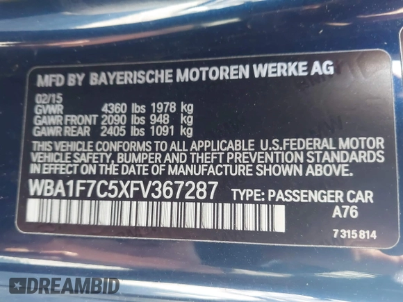 2015 BMW 2 Series 228i xDrive with VIN WBA1F7C5XFV367287, listed as a IAAI auction lot 40802463 with 113,427 mi miles and . Bid and sale history available at carsss.com. Image 9.
