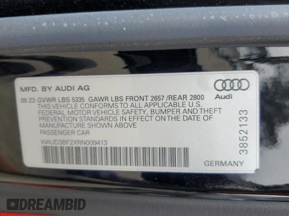 2024 Audi A6 Premium with VIN WAUD3BF2XRN009413, listed as a Copart auction lot 53256695 with Not provided miles and Clean title. Bid and sale history available at DreamBid. Image 12.