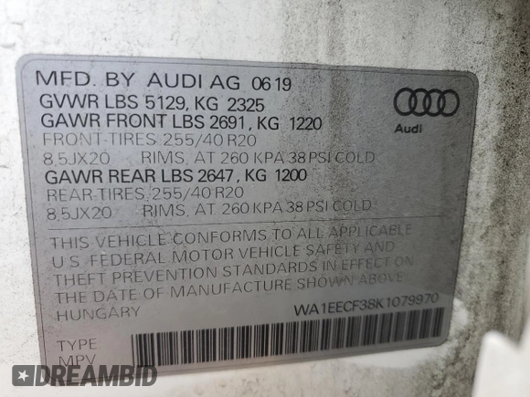 2019 Audi Q3 S line Premium Plus with VIN WA1EECF38K1079970, listed as a Copart auction lot 86531604 with 67,670 mi miles and Salvage Title. Bid and sale history available at carsss.com. Image 14.
